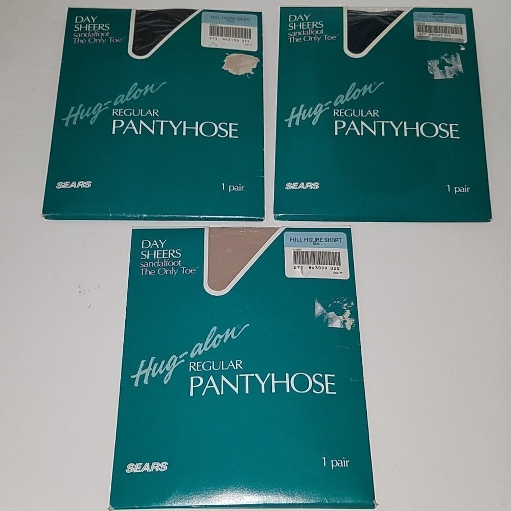 NEW 3 Hug-alon Pantyhose Full Figure Short 2 Navy 1 Mist Day Sheer Lot Sears VTG